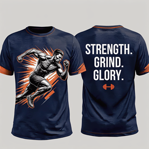 Camiseta Ajustada de Manga Corta para Hombre, Poliéster, Diseño con Estampado Strength Grind Glory, Ropa Deportiva con Detalles en Naranja - Product Image 1