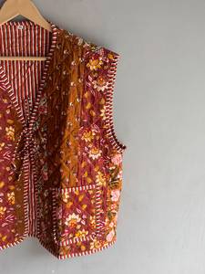 Floral <b>Quilted</b> Cotton Bomber <b>Jacket</b> Reversible Striped <b>Pattern</b> Short Sleeve Eco-Friendly Belt Closure for Women Spring GIFT for - Product Image 5