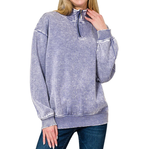 <b>Women's</b> Lavender <b>Quarter</b> <b>Zip</b> Knit Pullover High Neck Loose Fit Cotton Blend Solid Tone Soft Casual Fall Seasonal Sweatsh Front - Product Image 3