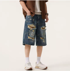 Shorts en jean baggy déchirés pour hommes, style streetwear, patchwork, trous, style hip-hop et motard - Product Image 6