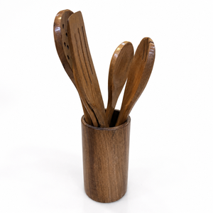 Juego de Utensilios de Cocina de Madera de Teca Marrón con Soporte, Antiarañazos, Resistentes al Calor, para Utensilios de Cocina Antiadherentes - Product Image 1