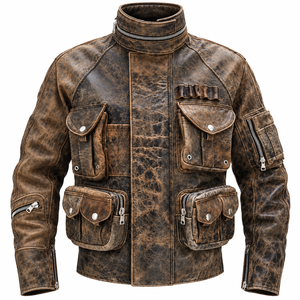 Chaqueta Bomber de Cuero Genuino para Hombre, Color Marrón, Acabado Desgastado, Transpirable, Cuello Alto Informal, Múltiples Bolsillos, Estilo Motero - Product Image 1