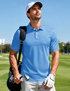Polo de Manga Corta Azul Claro para Hombre, Color Sólido, Transpirable, de Algodón, para Golf, Corte Regular, Tejido Oxford - Product Image 1