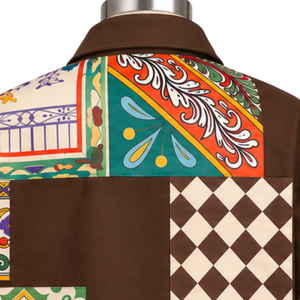 Veste de travail marron chocolat à motifs floraux multicolores, patchwork, boutonnée sur le devant, style streetwear décontracté avec poches utilitaires - Product Image 4