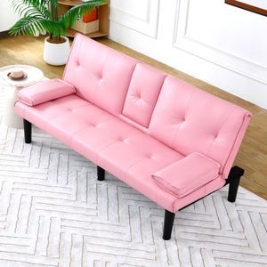 67-Inch Pink PVC Multi-Functional <b>Sofa</b> <b>Bed</b> with Foldable Cup Holder Extremely Convenient to Turn Into a <b>Bed</b> - Product Image 4