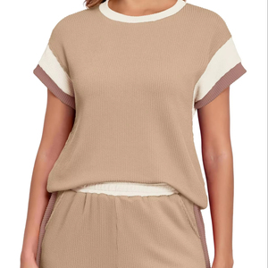 <b>Women</b> Summer 2 Piece Tracksuit Above Knee Casual Knitting Full Sleeve <b>Set</b> Unisex Solid <b>Short</b> T-Shirt <b>Set</b> - Product Image 1