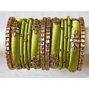 Wholesale Indian Silk Thread Bangles - Ethnic Kundan <b>Chura</b> Set in Parrot Green - Handcrafted Bridal Jewelry for Bulk Export - Product Image 4