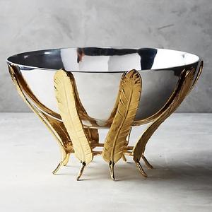 Luxury Designer Metal Serving Bowl with Gold Leaf Stand Modern Decorative Bowl for Home Decor - Product Image 1