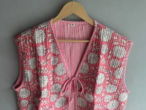 Gilet matelassé en coton à motif floral pour femme, col en V, sans manches, à nouer, veste d'été XL, imprimé rose et blanc, CADEAU POUR ELLE - Product Image 4