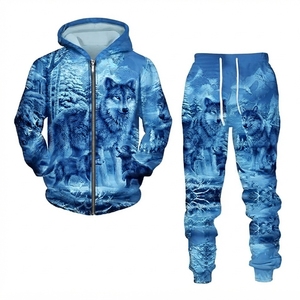 Survêtement unisexe à imprimé loup, à capuche, manches longues, fermeture éclair, vêtement décontracté d'hiver, coupe régulière, poches latérales, 100% polyester - Product Image 2
