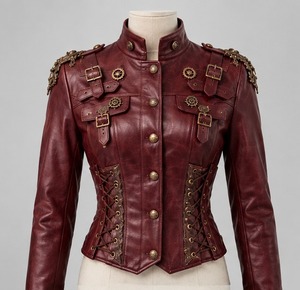 Women's <b>Burgundy</b> Maroon <b>Leather</b> <b>Jacket</b> Full Sleeve Stand Collar Button Closure - Product Image 1