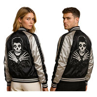 Blouson Bomber Noir Argenté pour Homme, Imprimé Crâne, Style Punk, Fermeture Éclair Avant, Col Rabattu, Coupe Droite, Manteau Varsity en Polyester