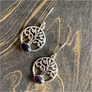 Natural Amethyst Gemstone Tree of Life Pattern Drop <b>Earrings</b> <b>Solid</b> 925 Sterling <b>Silver</b> Boho Style Handcrafted Jewelry - Product Image 2