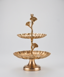 Modern Gold Metal 2 Tier Cake Stand Luxury Ginkgo Leaf Stem Dessert Display <b>Tray</b> Ball Finial Handle Cupcake Holder Party - Product Image 1