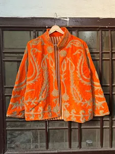 Elegante Chaqueta de Terciopelo Naranja con Bordado Suzani y Estampado Floral, Estilo Boho, Manga Larga, Cuello Alto, Ropa de Abrigo de Invierno para Mujer - Product Image 1