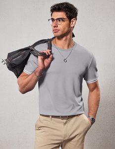 T-shirt pour homme à manches courtes gris, col rond, coupe ajustée, 100% coton tricoté, décontracté, respirant, couleur unie, longueur normale - Product Image 5