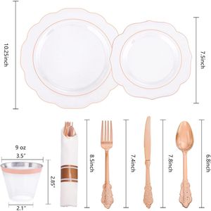 Set di Stoviglie Monouso Oro Rosa Trasparente da 350 Pezzi Include 100 Piatti Piani/Dessert, 50 Bicchieri, 50 Tovaglioli Pre-Arricciati per Feste - Product Image 3