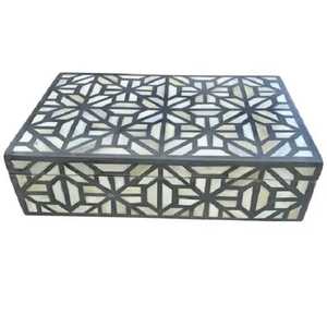 Handcrafted Red Bone Inlay Geometric Pattern Jewelry Box Rectangular Wooden Keepsake <b>Chest</b> Luxury Mother of Pearl <b>Storage</b> Case - Product Image 2