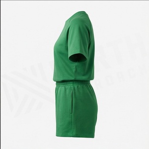 Conjunto Casual de 2 Piezas para Mujer, Tejido Verde, Camiseta de Manga Corta con Cuello Redondo y Pantalones Cortos por Encima de la Rodilla, Color Sólido, Transpirable, para Uso Diario - Product Image 3