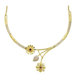 Wholesale 14K18K24K Micron Gold Plated Brass Forming AD & Ruby <b>Necklaces</b> <b>Fashion</b> <b>Necklaces</b> Traditional Floral Design Jewelry Set - Product Image 5