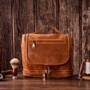 Genuine Leather <b>Toiletry</b> <b>Bag</b> Mens Dopp Kit Shaving Wash <b>Bag</b> Travel Cosmetic Pouch <b>Large</b> Capacity Factory OEM TYG-0190 - Product Image 4