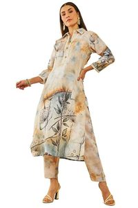 Women's Beige Poly <b>Linen</b> Abstract Print 2 <b>Piece</b> Long Co-Ord Set with Faux Mirror Elegant - Product Image 1