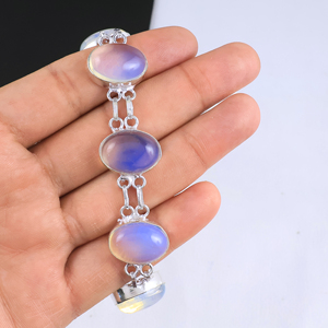 Bracelet à maillons en opalite naturelle ovale, plaqué argent sterling 925, fait main, bijoux tendance pour femme - Product Image 5