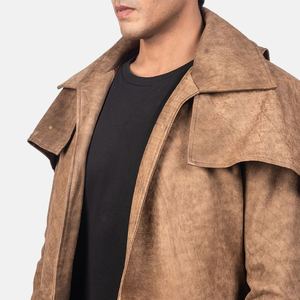 <b>Men's</b> Genuine Leather Canvas Overcoat Trench Coat <b>Belt</b> Closure Solid Breathable Quick Dry OEM Custom Outerwear - Product Image 1