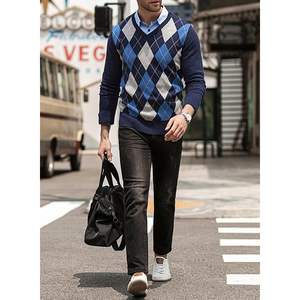 2025 hommes décontracté col en V pull Slim Fit à manches longues Argyle pull côtelé tricot Anti-rides fait doux cachemire pour l'automne - Product Image 3
