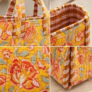 Sac fourre-tout en coton matelassé jaune à fleurs avec poignées rayées, fermeture éclair, style bohème, sac de shopping pour femmes, toutes saisons - Product Image 3