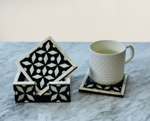 Bone Inlay Tea Coaster Set Checkered Pattern Handmade Coasters for Cups Dining <b>Table</b> and Kitchen Decor <b>Walnut</b> - Product Image 5
