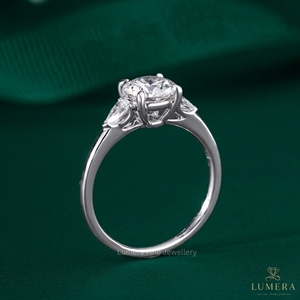 Lab Grown Diamond Three Stone Engagement <b>Ring</b>, Side Pear Stone Solid <b>Plain</b> Band Open Basket Setting Minimalist Daily Wear <b>Ring</b> - Product Image 5