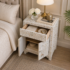 White Pearl Inlay Nightstand Wood Bedside <b>Table</b> Cabinet Floral Pattern <b>Storage</b> <b>Side</b> <b>Table</b> for Bedroom Hotel - Product Image 4