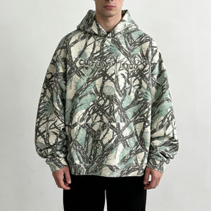 Sudadera con Capucha para Hombre, Moderna, Verde Beige Claro, Estampado de Ramas de Árbol, Tela Suave, Logotipo Personalizado, Talla Grande, con Bolsillos y Mangas Largas - Product Image 1