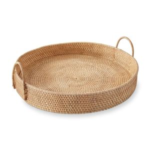 Plateau décoratif rond en fibres végétales tissées à la main avec poignées, style bohème, artisanat en bambou et rotin pour la décoration de la maison - Product Image 1