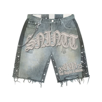 Veste et short en jean en toile délavée vintage avec logo brodé personnalisé style streetwear et strass pour homme
