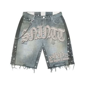 Streetwear Custom Patch Embroidery logo Men's Distressed Vintage Wash <b>Rhinestone</b> Canvas Denim <b>Jacket</b> and Shorts for Man - Product Image 6