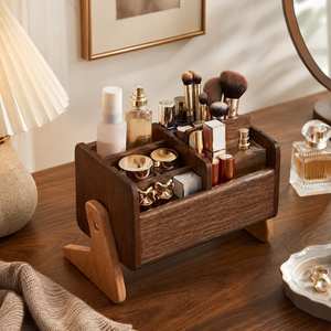 Wood Makeup Organizer With 4 Compartments For Cosmetic Storage Elegant Desktop Holder For Brushes <b>Lipstick</b> And Skincare Bottles - Product Image 4