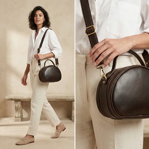 Vintage Women Genuine Leather Semi Circle Crossbody Bag, <b>Small</b> Shoulder Handbag with Zipper Closure & Adjustable Strap - Product Image 2