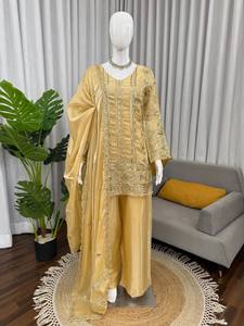 Vintage <b>Silk</b> Kurta Palazzo Set With Dupatta Sequin Embroidered Indian Pakistani Women Wedding Party Outfit - Product Image 1