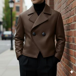 Unisex Canvas Formal Genuine Leather Woven Bomber <b>Jacket</b> Coated Crew Neck Front Logo Plain Dyed Breathable Windproof Premium - Product Image 6