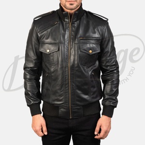 Sleek black genuine <b>leather</b> construction featuring a utility pocket and a traditional ribbed baseball collar. - Product Image 1