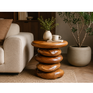 ARTERRA Luxury Contemporary Teak Wood End Table Stacked <b>Pebble</b> Design Premium Hotel Lobby Accent Stool Project - Product Image 5