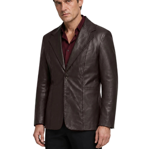 Blazer de Cuero Genuino Marrón para Hombre, Chaqueta Casual Elegante de Un Solo Pecho con Ribete Trenzado - Product Image 5