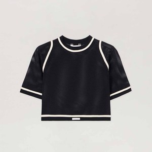 T-shirt court noir en maille pour femme, col rond, manches courtes, style sportif, respirant, coupe classique, mode printemps-été - Product Image 5