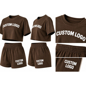 Conjunto de 2 piezas de top corto y pantalones cortos para mujer con logotipo personalizado |   Conjunto Deportivo Informal de Gran Tamaño |   Ropa Deportiva de Verano Personalizada con Bordado - Product Image 5