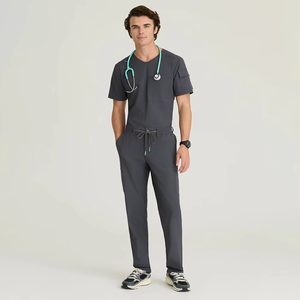 Ensemble de blouses médicales unisexe gris à manches courtes, col en V, poches, uniforme d'hôpital, tissu tissé en coton et polyester, FONILBEST SPORTS WEARS, personnalisé - Product Image 1