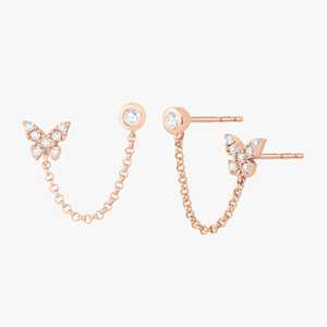 Boucles d'oreilles à double piercing en chaîne, en or massif 14k 18k, avec diamant de laboratoire rond serti en clos en forme de papillon, clous à pression, bijoux fins, vente en gros - Product Image 5