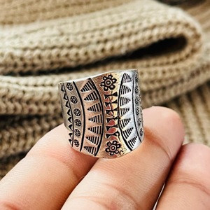 Tribal Floral Band <b>Ring</b> Boho <b>Brass</b> <b>Rings</b> Women Oxidized Silver Finish Ethnic Wide Design - Product Image 2