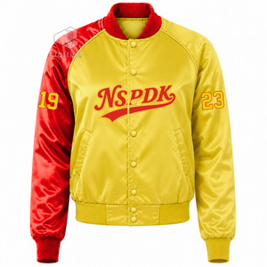 Chaqueta Universitaria de Satén Rojo y Dorado con Contraste para Mujer, Marca NSPDK, con Botones a Presión, Cuello y Puños de Punto Acanalado - Product Image 1
